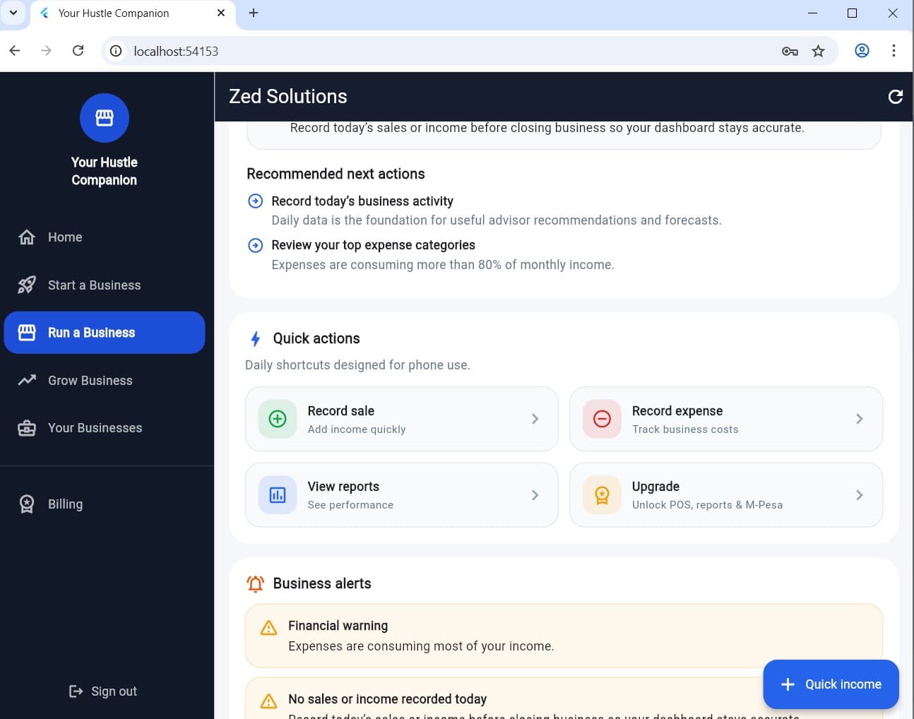 Business Companion command center showing recommended next actions, quick actions, and alerts