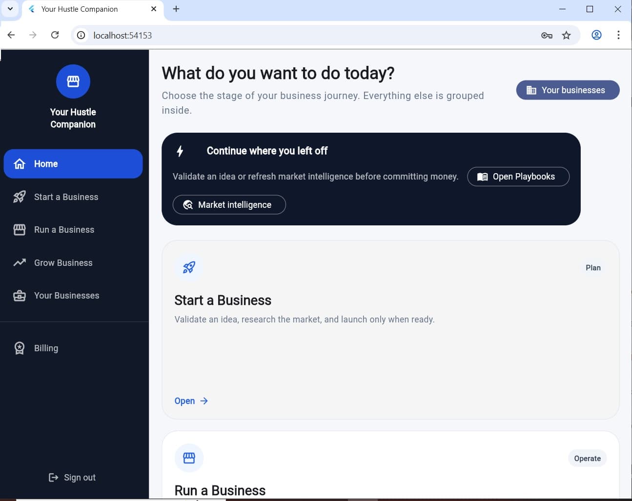 Business Companion home dashboard showing Start a Business, Run a Business, and Grow Business options